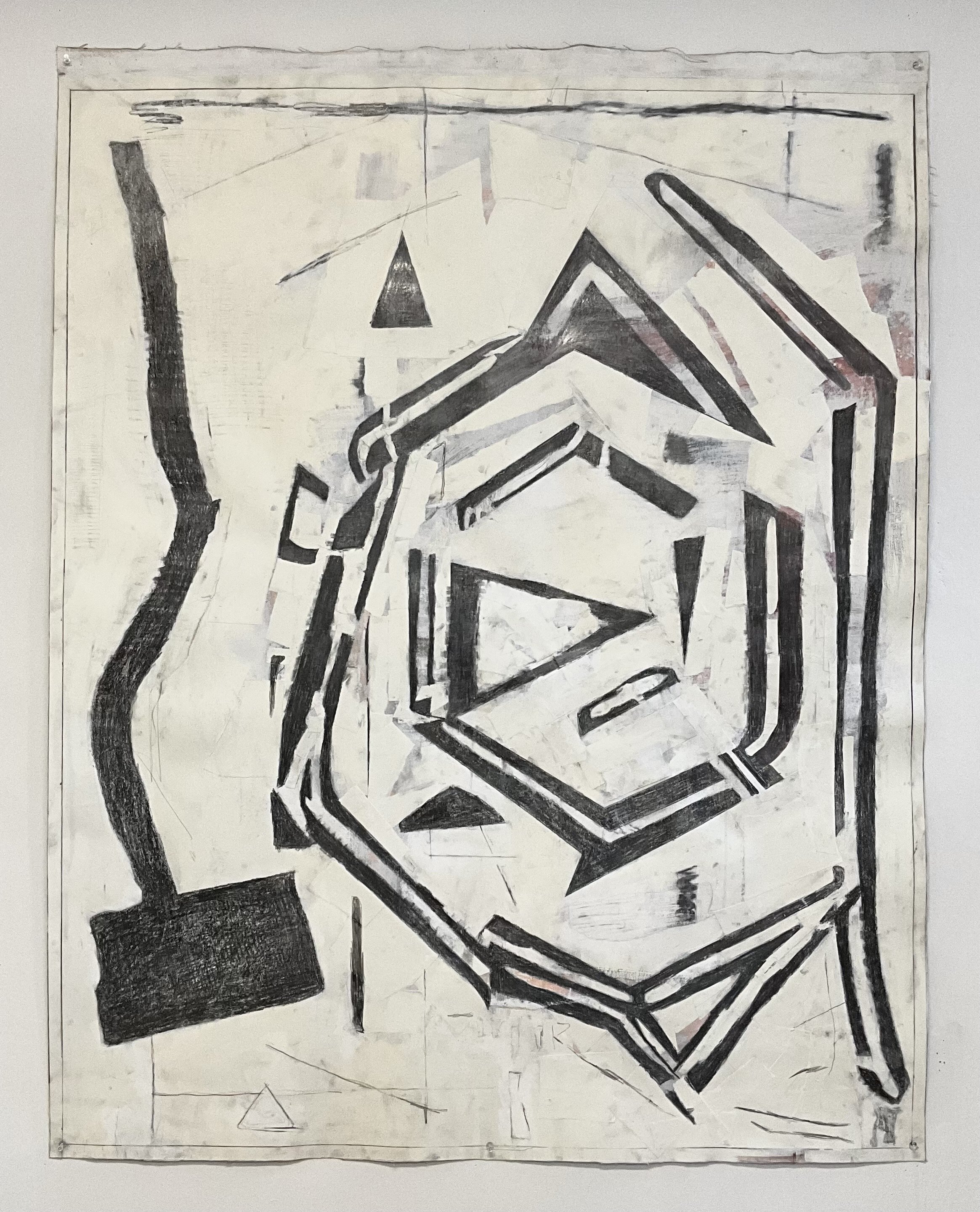Chamber, 2024-25, graphite and collage on paper mounted on canvas, 52” x 42”