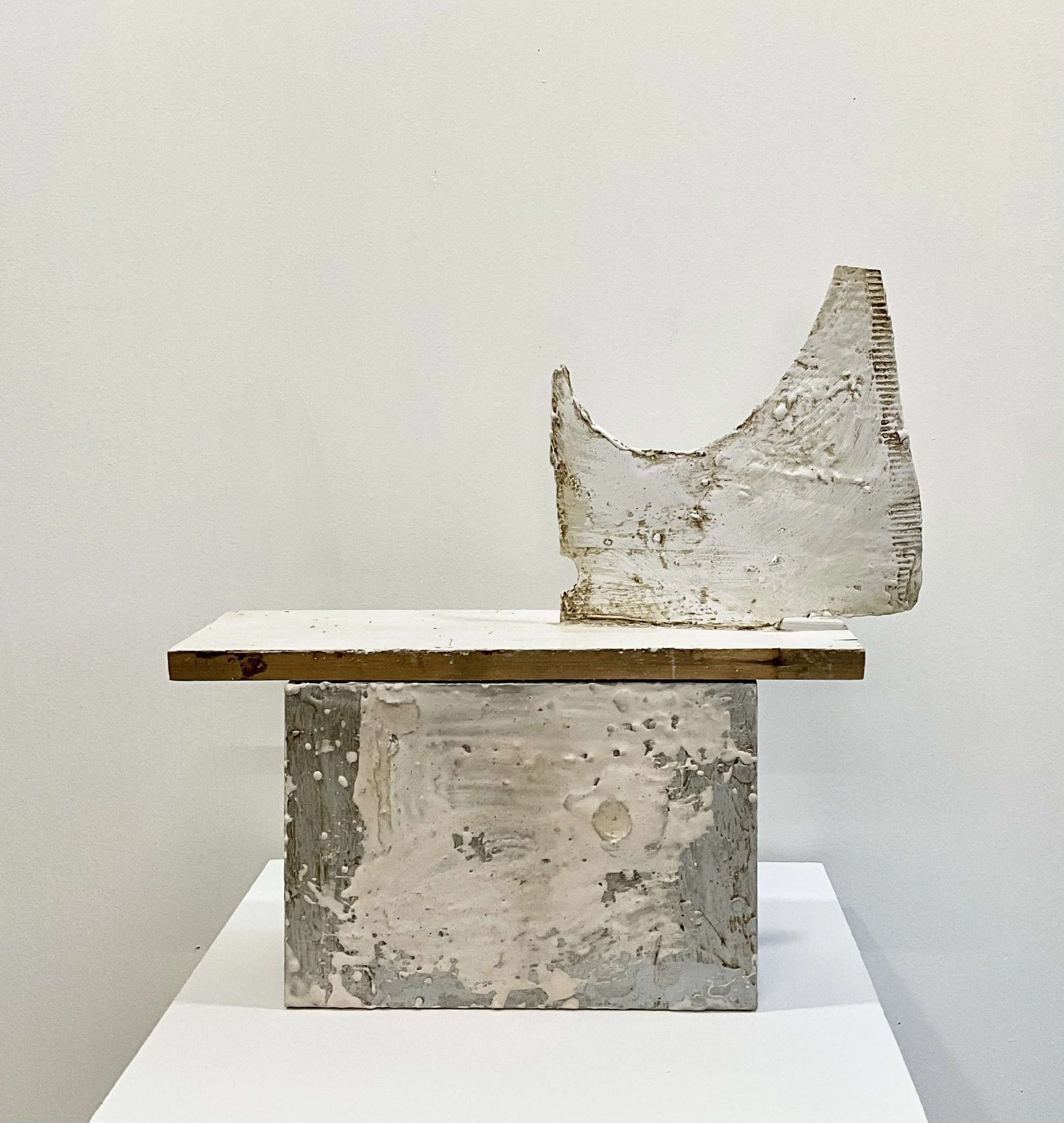 Plinth and Remain, 2024, wood, foam, cardboard, enamel, wax, Aqua Resin, glue, latex, 18” x 19” x 5 1/2”