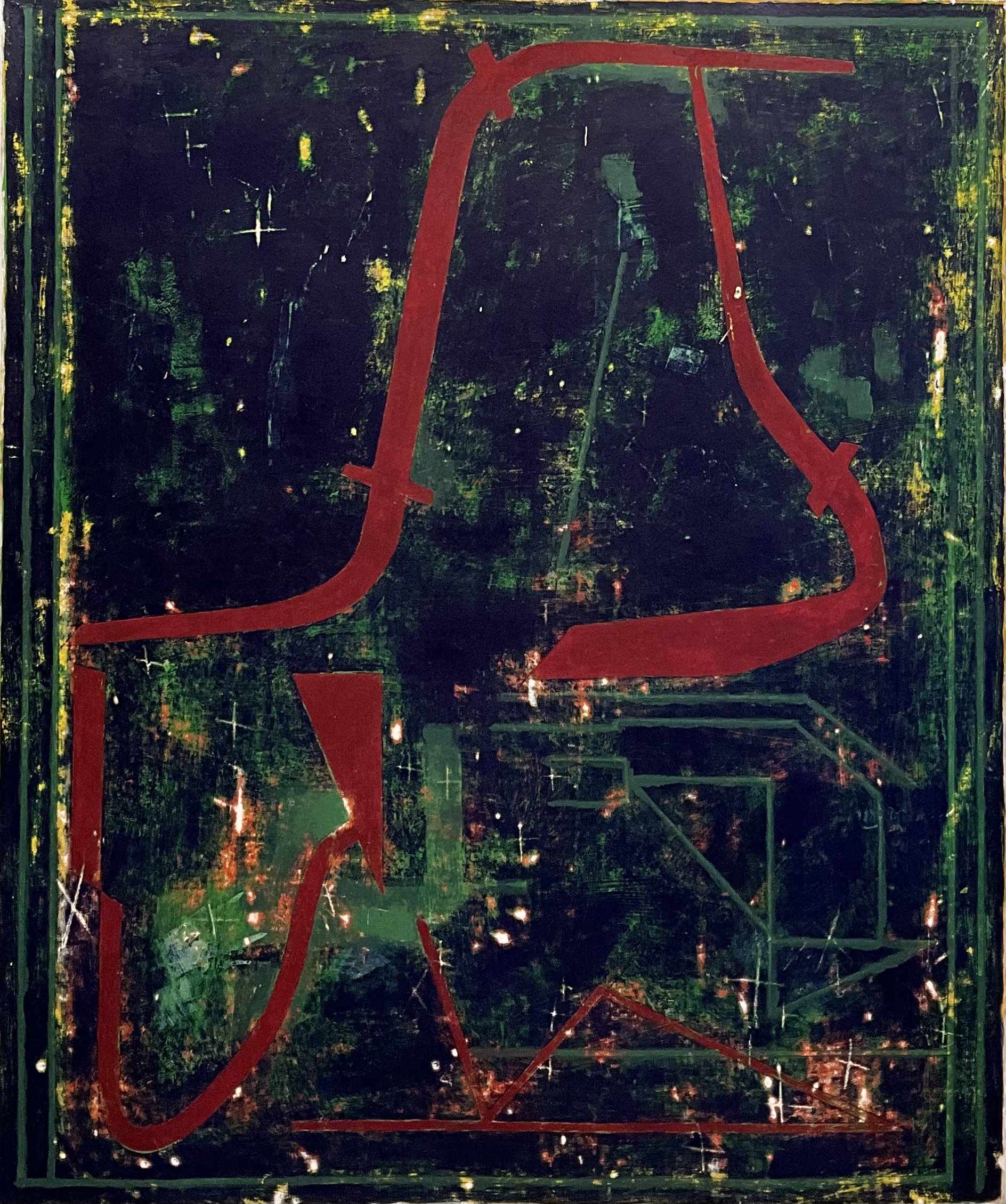 Under the Loam, 2025, acrylic, graphite, oil stick on paper mounted on canvas, 50” x 42”