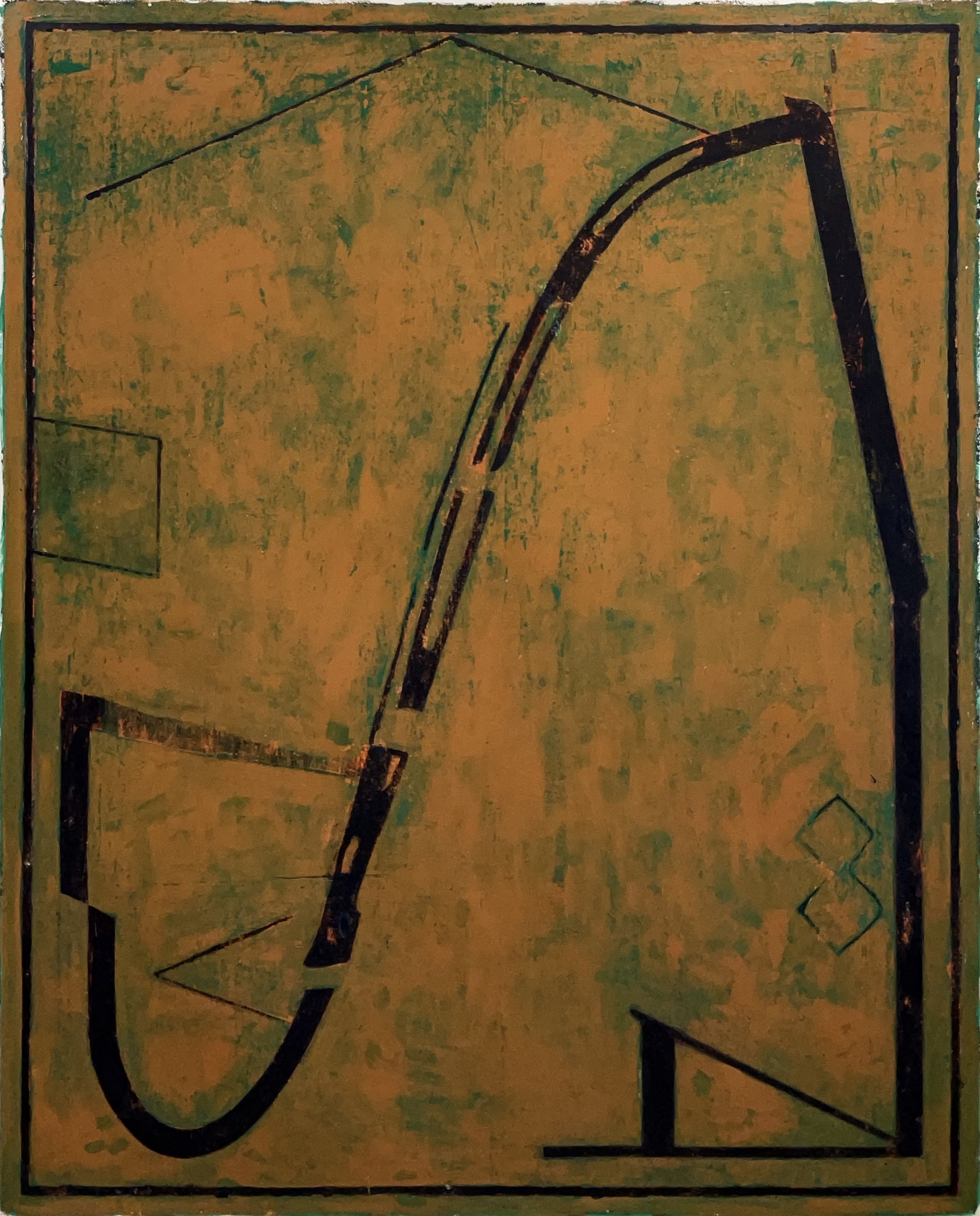 Span (Greenground), 2025, acrylic, graphite, oil stick on paper mounted on canvas, 52” x 42”