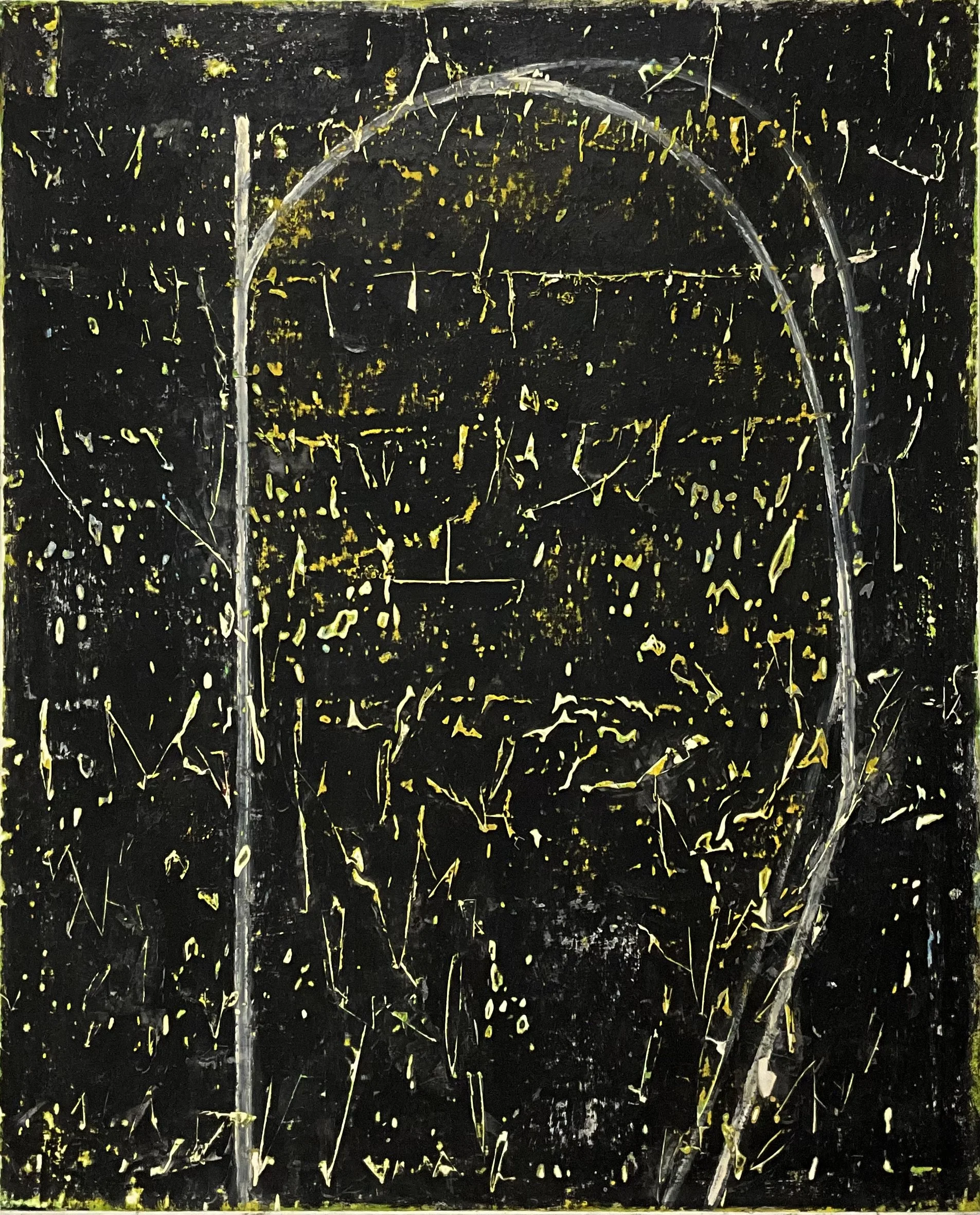 Spur, 2024, acrylic, graphite, pigment stick on paper mounted on canvas, 52” x 42”