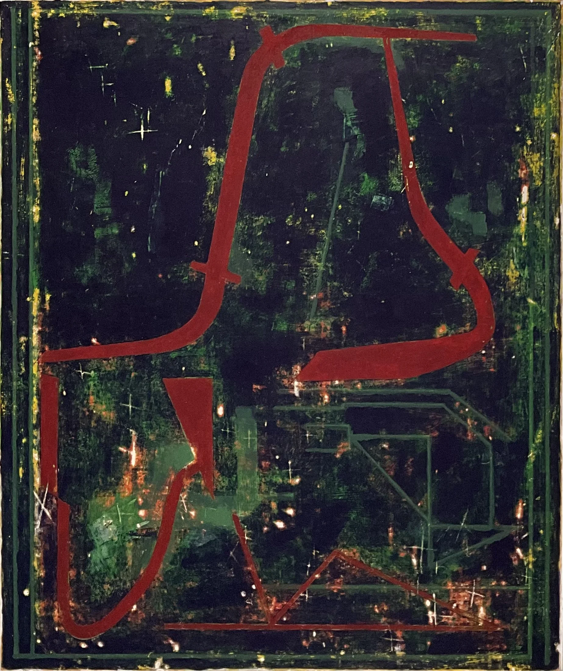 Under the Loam, 2025, acrylic, graphite, pigment stick on paper mounted on canvas, 50” x 42”