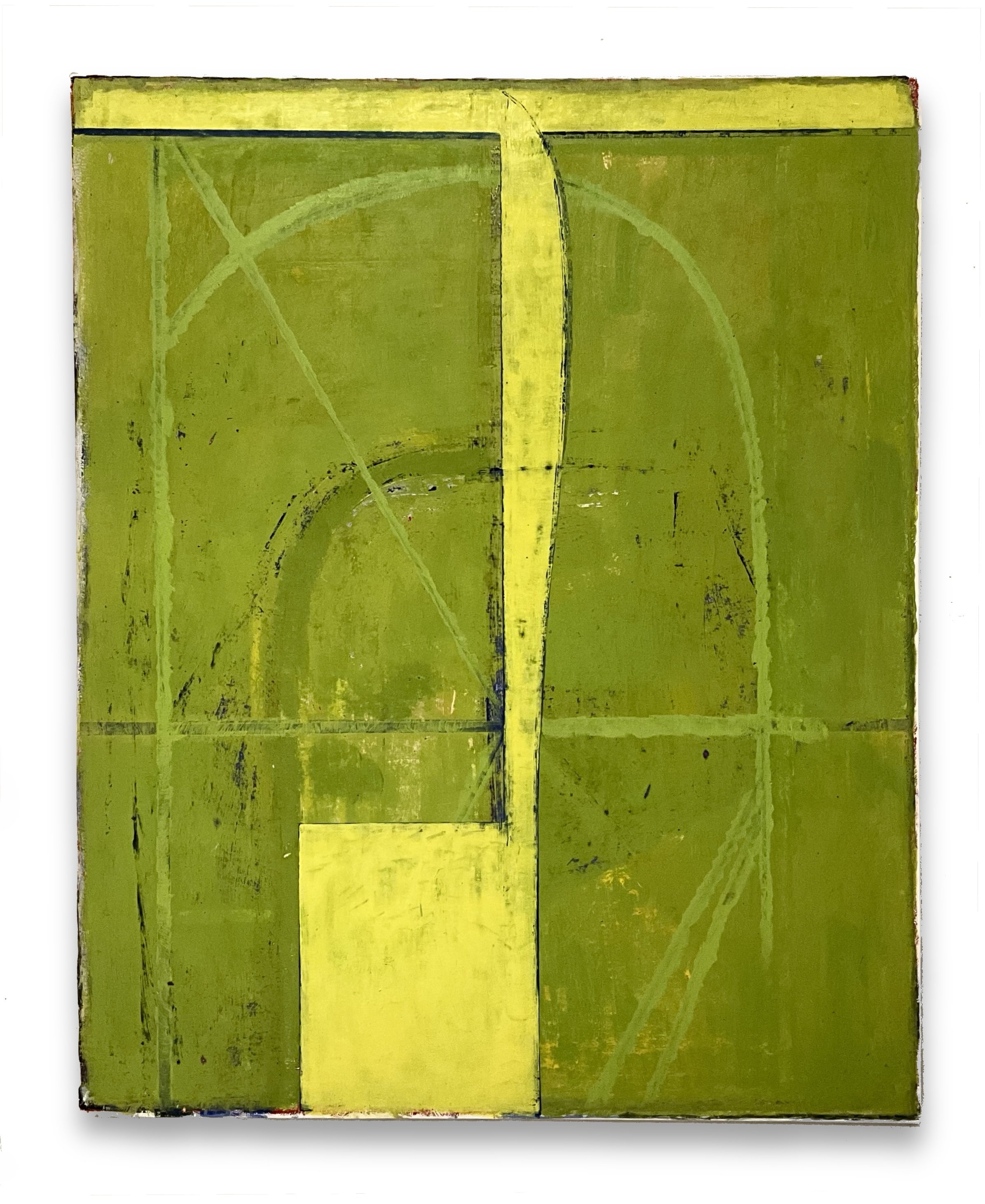 And Yet, 2024, acrylic, graphite, oil stick on paper mounted on canvas, 52” x 42”