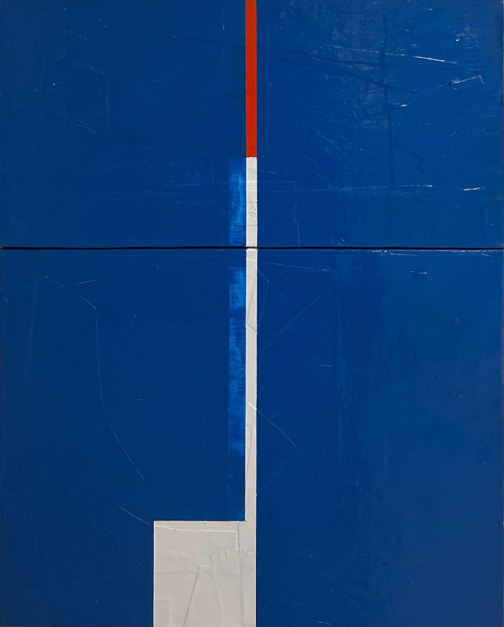 Held Axis, 2025, enamel and mixed media on canvas, 36" x 24"