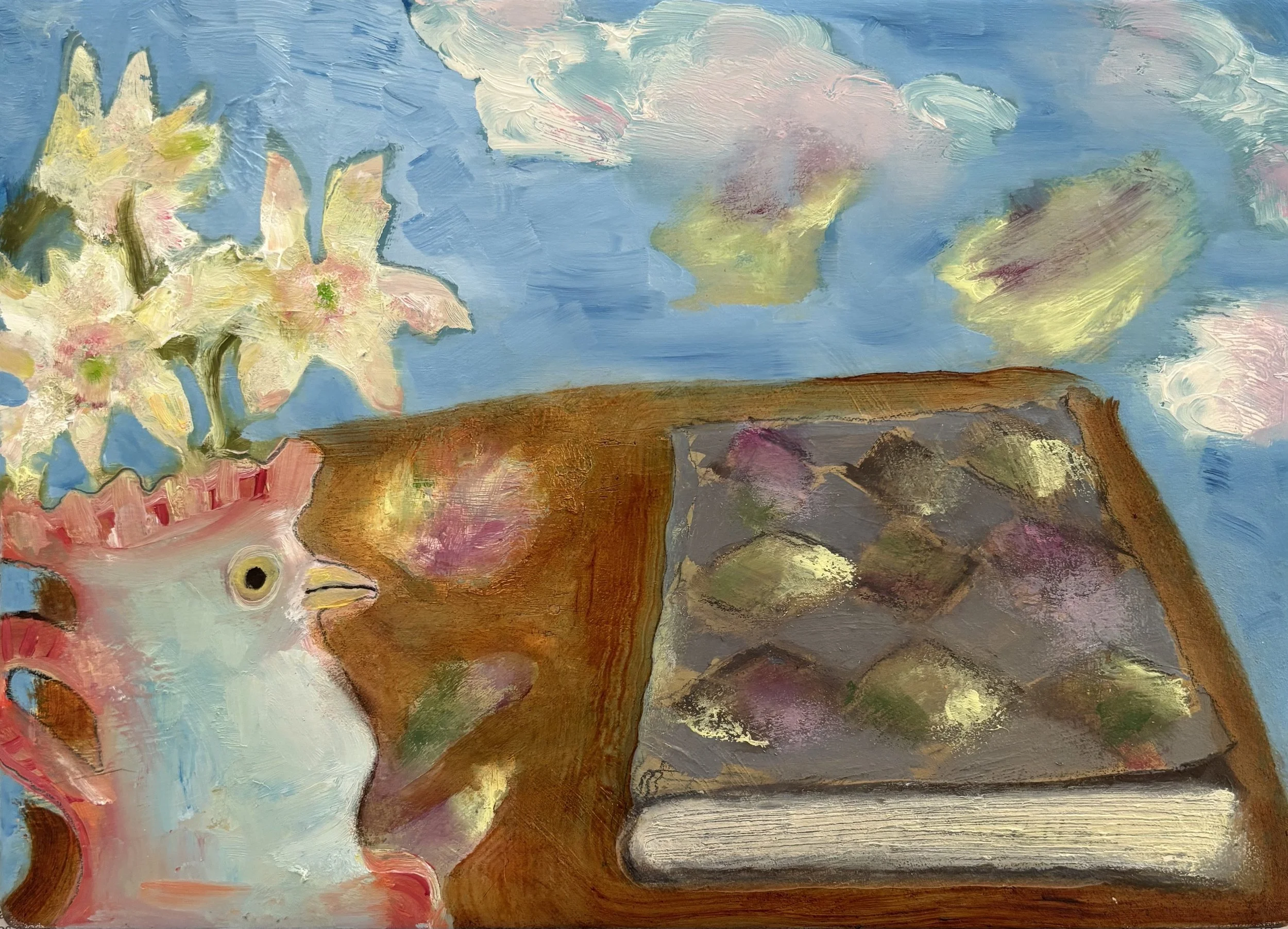 Pink Narcissi, Parrot Jug and Journal / Oil