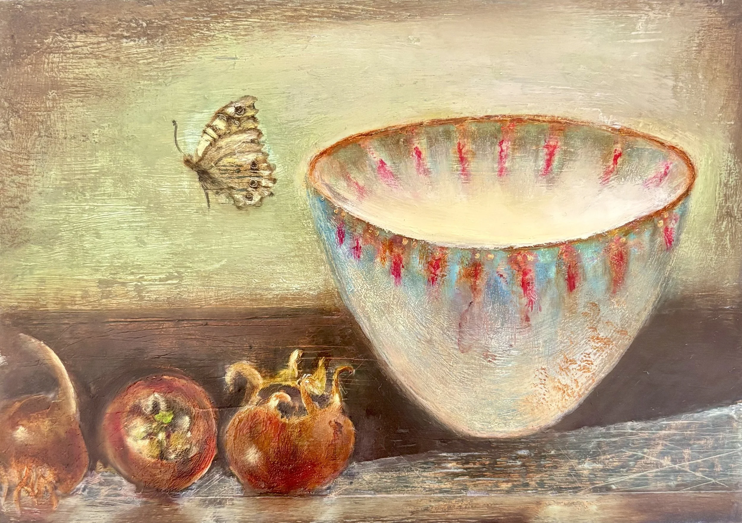 Medlars, Butterfly and Vessel (after Coorte) / Oil