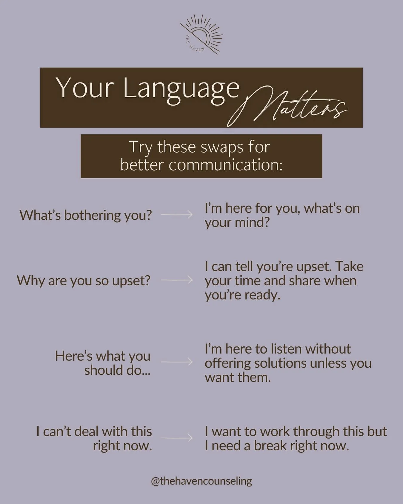 Small shifts in language can make a big difference in connection. Try these swaps to create more safety, empathy, and understanding in your conversations. 💬✨ #communicationskills #emotionalsafety