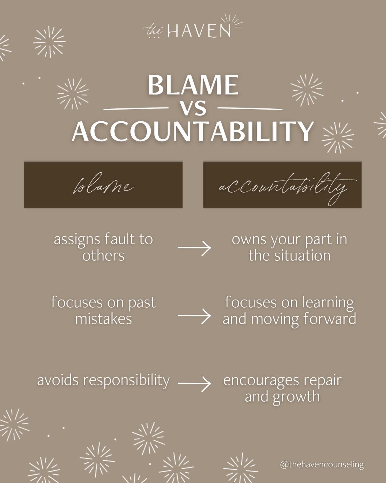 Accountability is one of the most powerful forms of care we can offer ourselves and the people we love.

Blame keeps us stuck in defensiveness and distance. Ownership creates space for repair, growth, and deeper connection. 

When we&rsquo;re able to