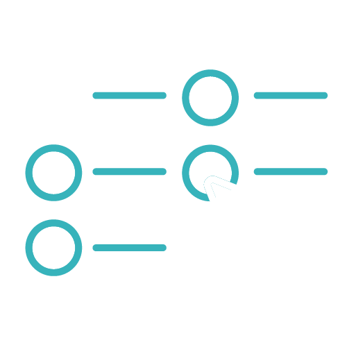 User interface screen with a warning icon, blue circles, lines connecting them, and a computer cursor pointing to one of the circles.