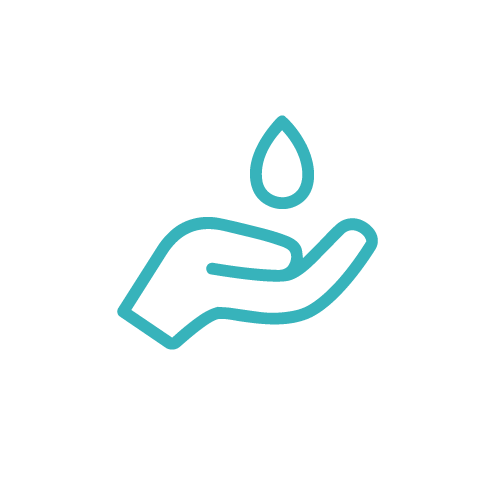 Illustration of a hand holding a water droplet with abstract shapes around it.