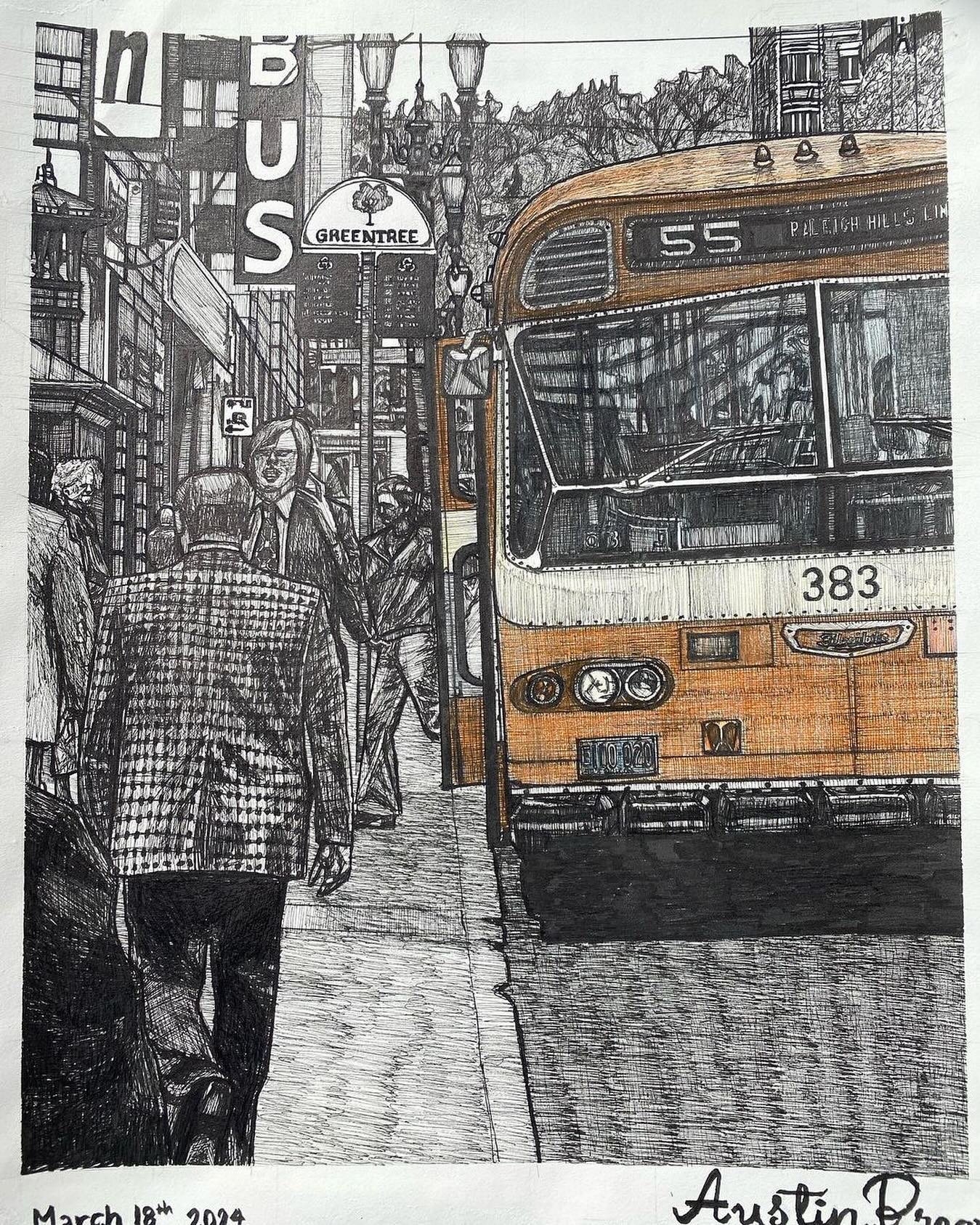 New work by Austin Brague! We can&rsquo;t get enough of that jacket&hellip; 🫠
.
.
Follow @austin_does_art_ to see Austin&rsquo;s creative process and expanded portfolio.
.
.
.
Image description: a pen and ink drawing of a vintage TriMet bus, includi