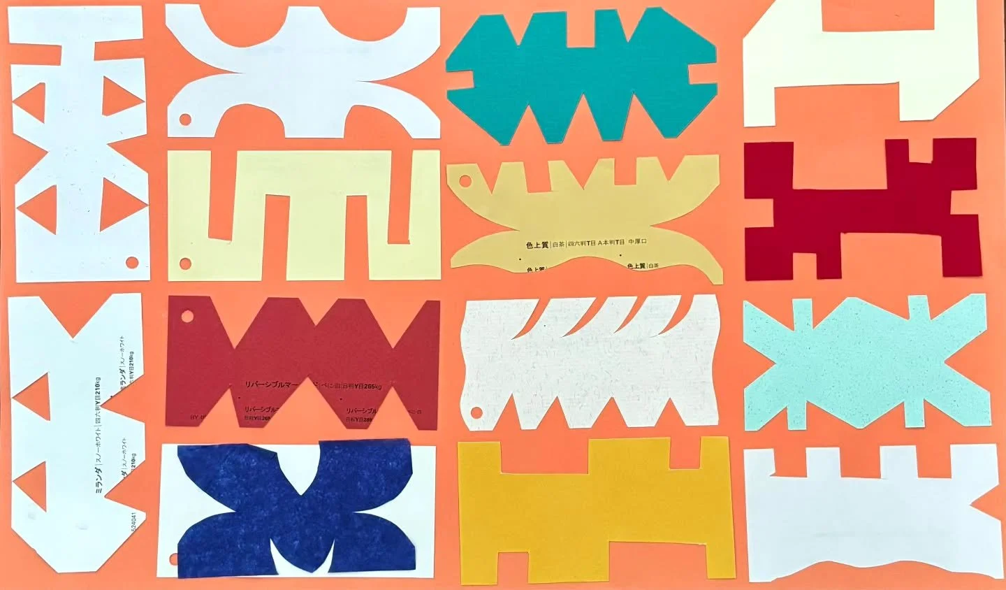 &ldquo;Orange 2&rdquo; by Annie Rose Macer

ID: On a pastel orange background there is a grid of abstract geometric paper cut shapes. Each shape roughly the same size and is cut out of different colored paper. The shapes are aligned in a 4 x 3 grid h