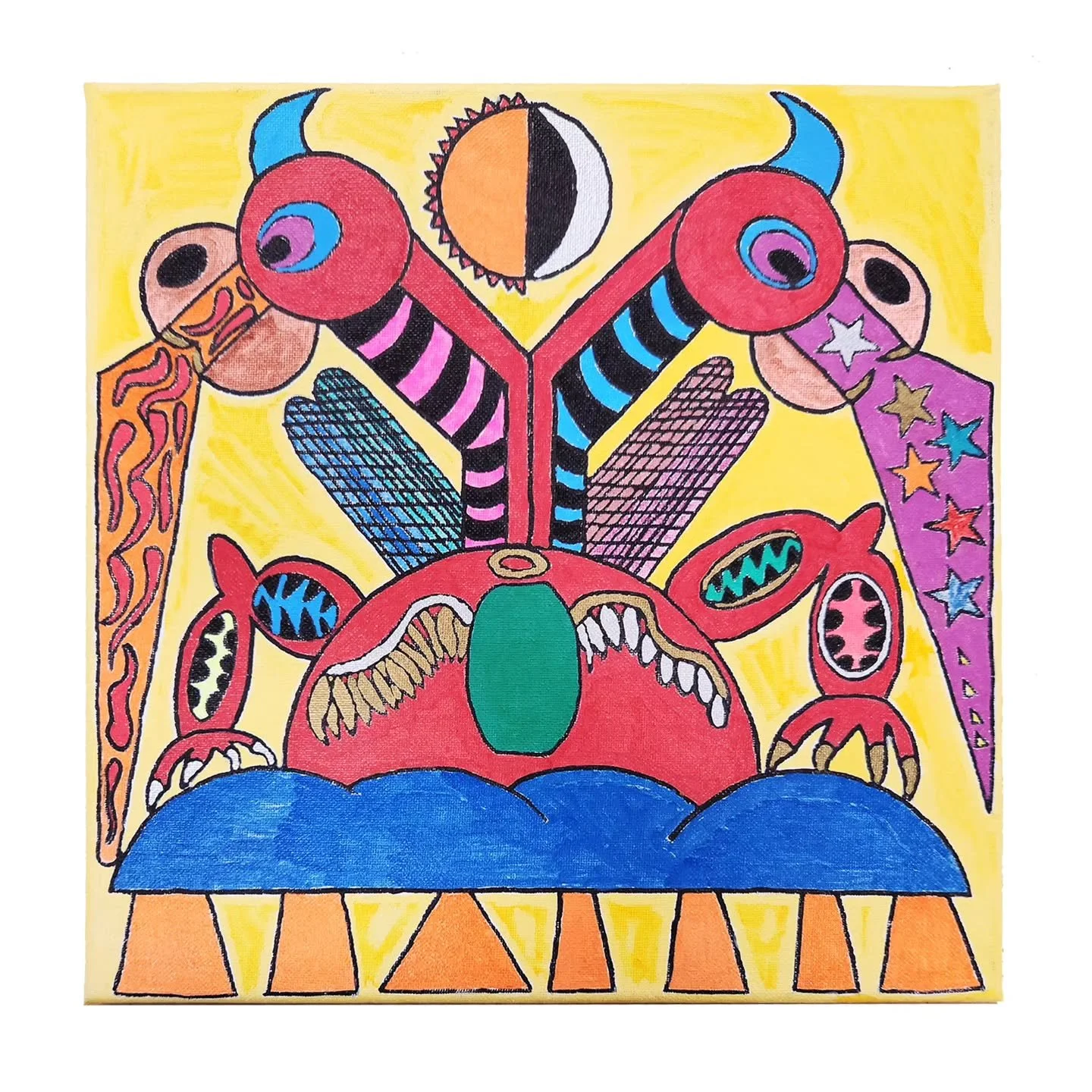&ldquo;Double Dragon Head&rdquo; by Scott Tullock

ID: On a yellow background, there is a red dragon that is mirrored down the center line of the canvas. On each side of the canvas, there is a dragon head, wing, and arm. At the top of the piece, ther