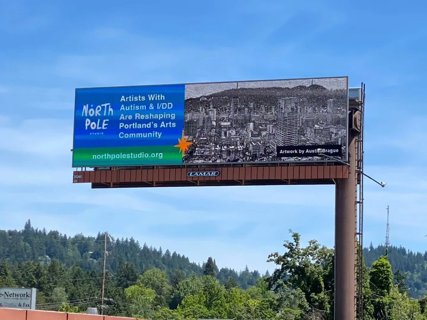 Check out North Pole Studio's amazing billboard featuring NPS artist Austin Brague's artwork!! Big thank you to LAMAR advertising for donating their billboard to us to help bring more visibility to artists with autism and intellectual/developmental d