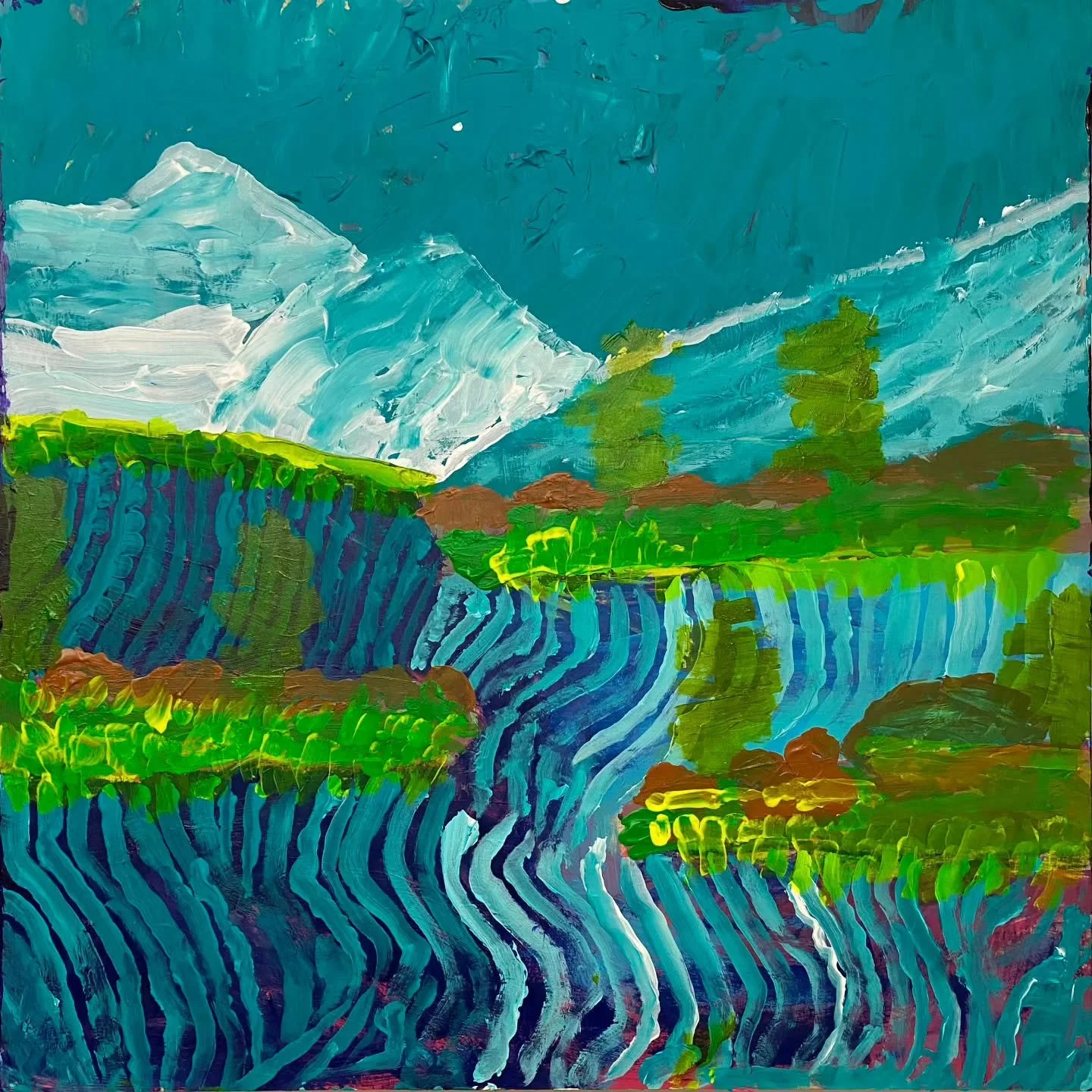 Untitled by Eli Karn

ID: Painted with acrylic on canvas is a depiction of mountains, trees and water. Visible are brush strokes, and textures of paint.