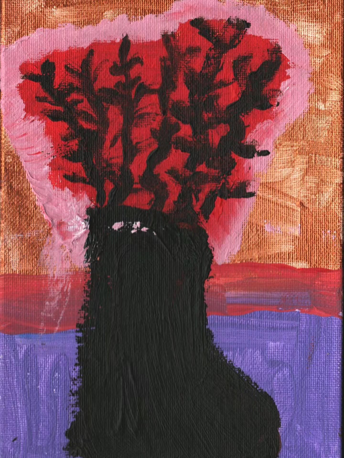 "Spring" by TJ Lightburn

ID: An abstract painting with colors dark orange, black, red, pink, and purple visible. In the center of the painting, painted in black, visible is a collection of foliage-like forms. The background consists of ora