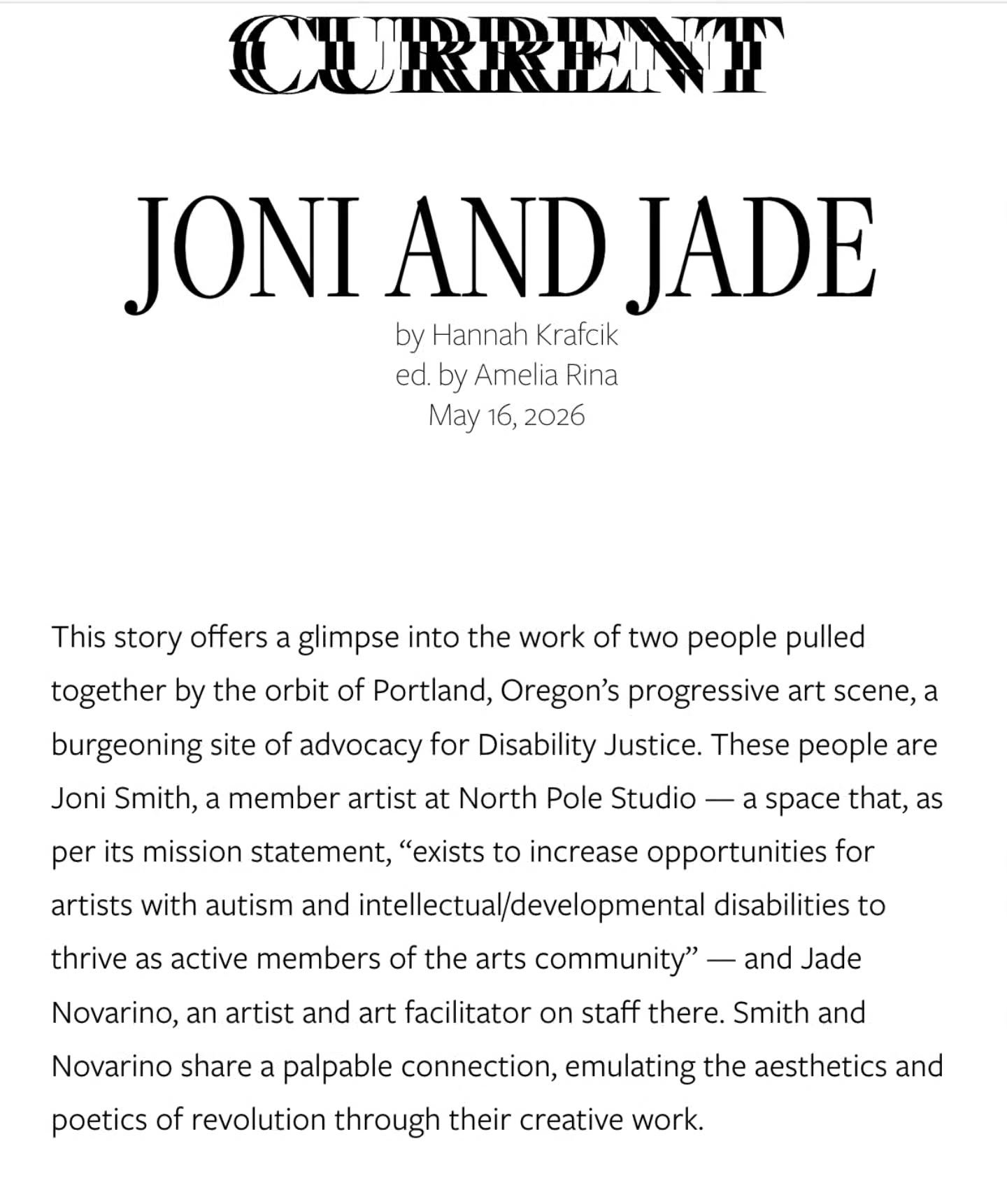 Check out this beautiful article written by Hannah Krafcik, edited by Amelia Rina about NPS artist Joni Smith and NPS staff member, farmer, and artist Jade Novarino.  Joni and Jade is a glimpse into the two artists' practices.  This writing is a part