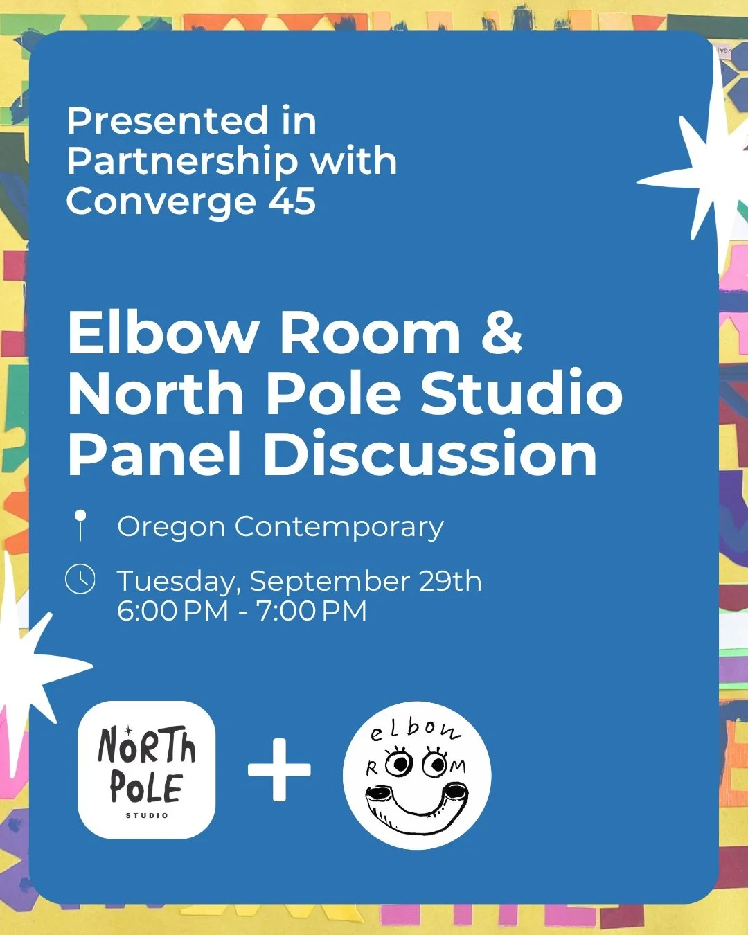 Join us on Tuesday, September 29 for a panel discussion presented in partnership with Converge 45, moderated by curator and artist Kristan Kennedy. 

NPS artist Aaron Cunningham and Executive Director Carissa Burkett will join Elbow Room artist Robin