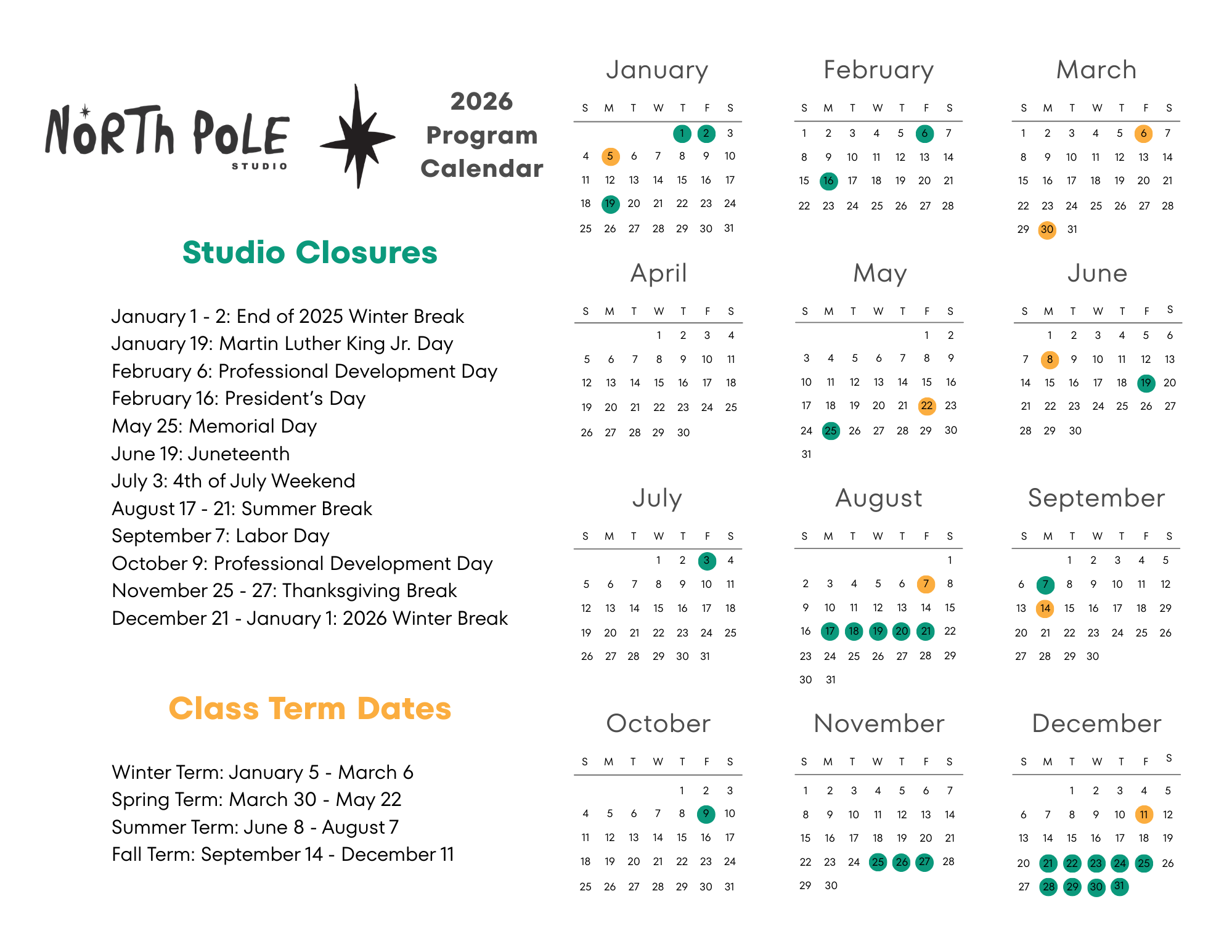 Program Calendar — North Pole Studio