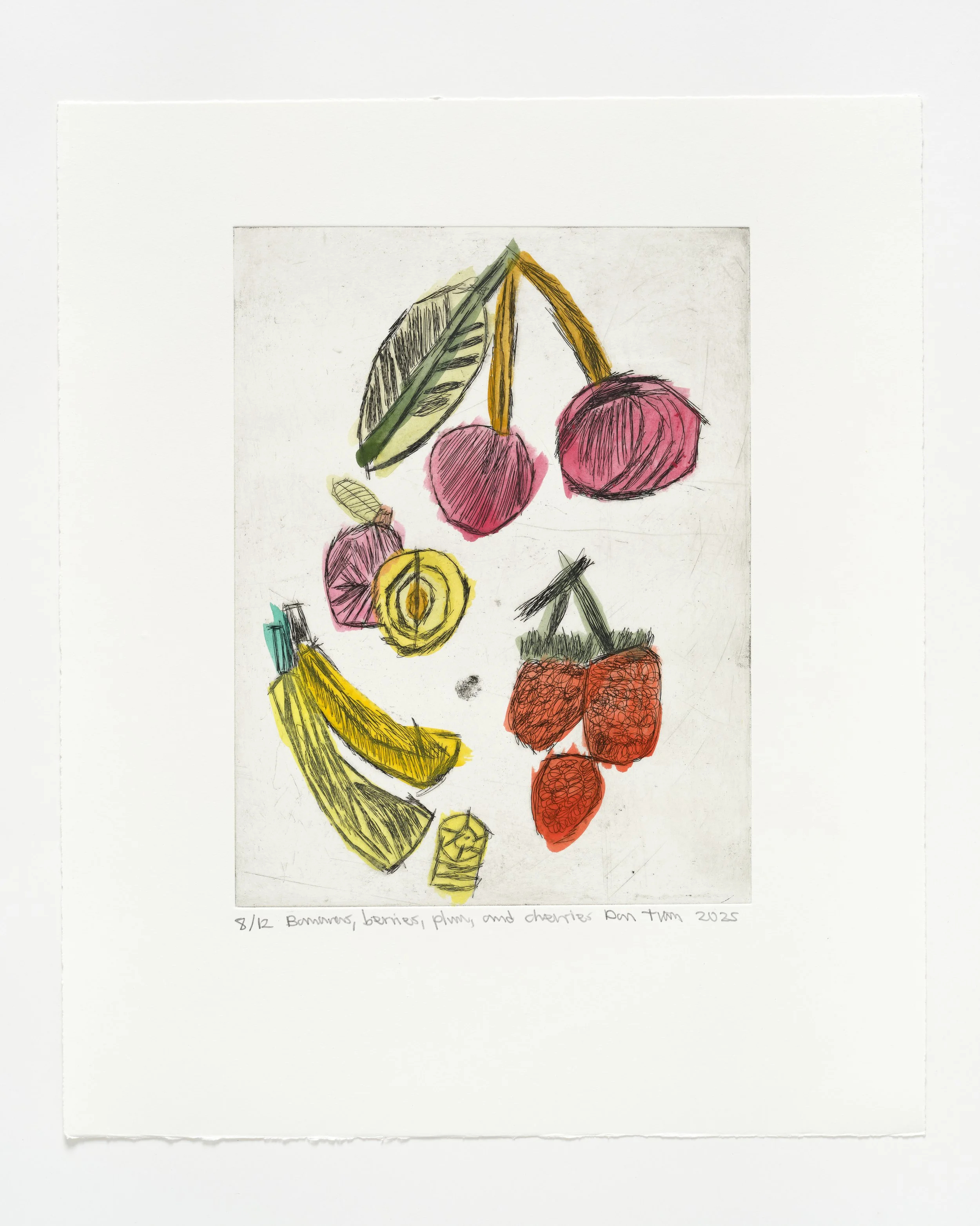Bananas, Berries, Plum, and Cherries Etching by Dan Tran