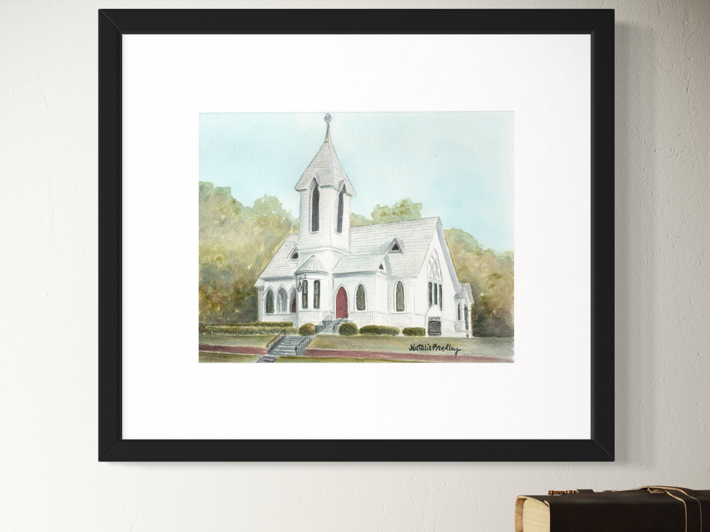 watercolor painting of Ashford Memorial Methodist Church in Watkinsville, Georgia by Natalie Bradley
