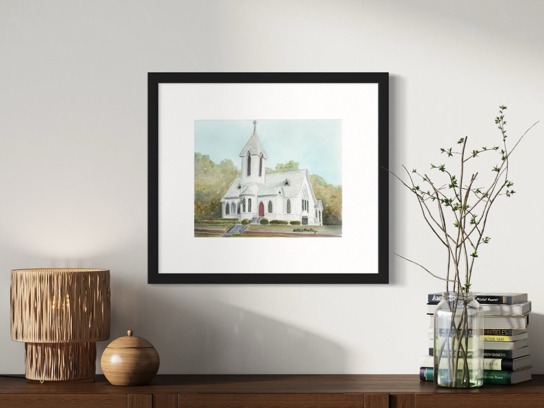 watercolor painting of Ashford Memorial Methodist Church in Watkinsville, Georgia by Natalie Bradley