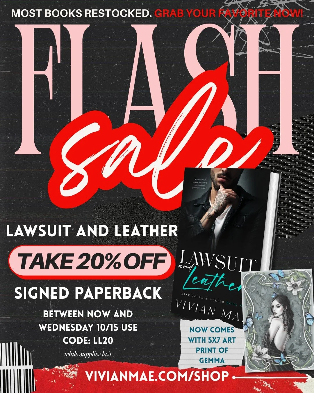 🚨FLASH SALE happening now through Wednesday 10/15/25 at 11:59PM MST‼️

Get your signed paperback of Lawsuit and Leather on my website for 20% off using code: LL20

Get a complimentary 5x7 art print of Gemma with your purchase ❤️

Don't forget, you c