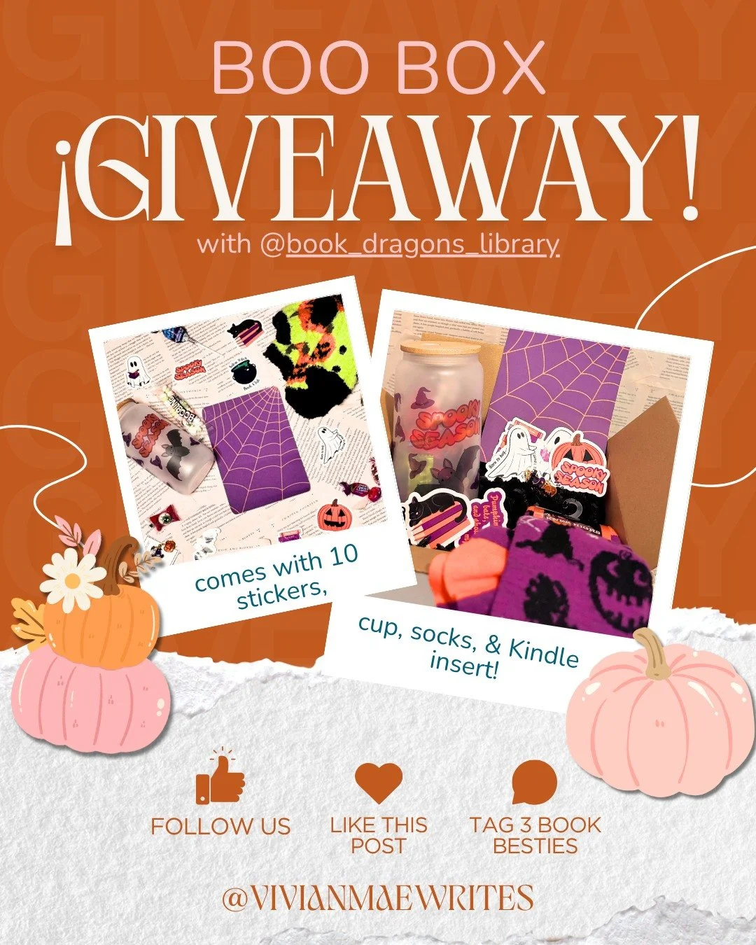 🎃 GIVEAWAY TIME! 🎃

�I&rsquo;ve teamed up with the incredible @book_dragons_library to give one lucky reader a Halloween Boo Box from her very own bookish shop!
�This boo box includes 10 themed stickers, a pair of socks, spooky cup, and a kindle in