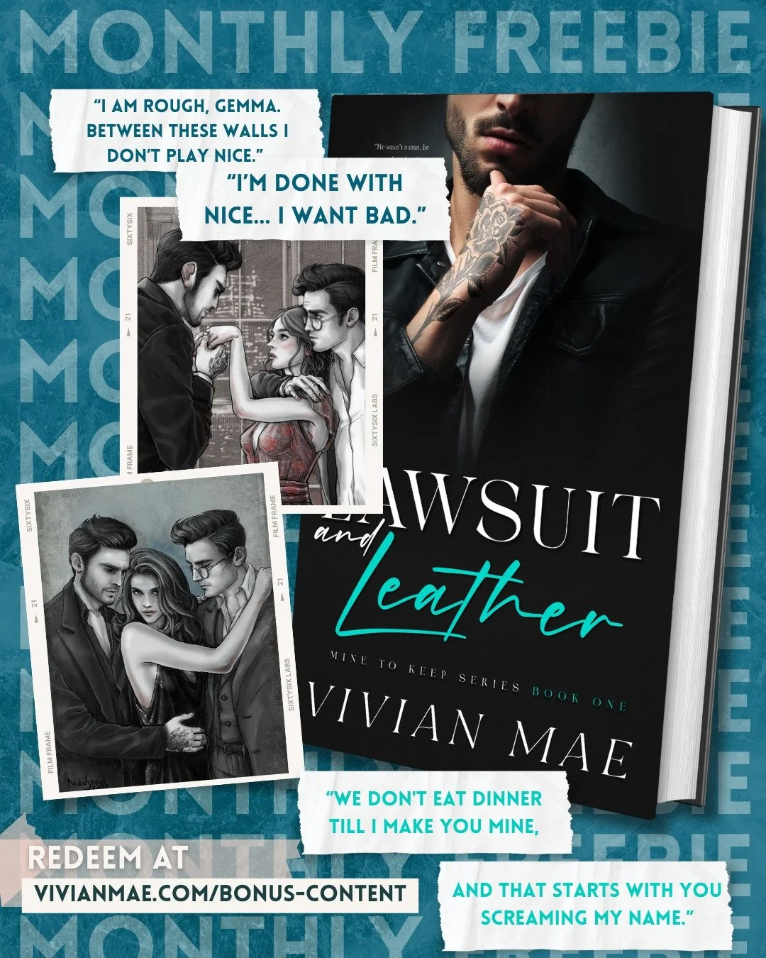 ✨FREEBIE OF THE MONTH IS... Lawsuit and Leather by Vivian Mae!!✨

💋He's the Hollywood bad boy she can't stand. She's the good girl he can't escape.🫠

If you're new to me, Lawsuit and Leather is my angstiest and most dramatic and sexiest series! Thi