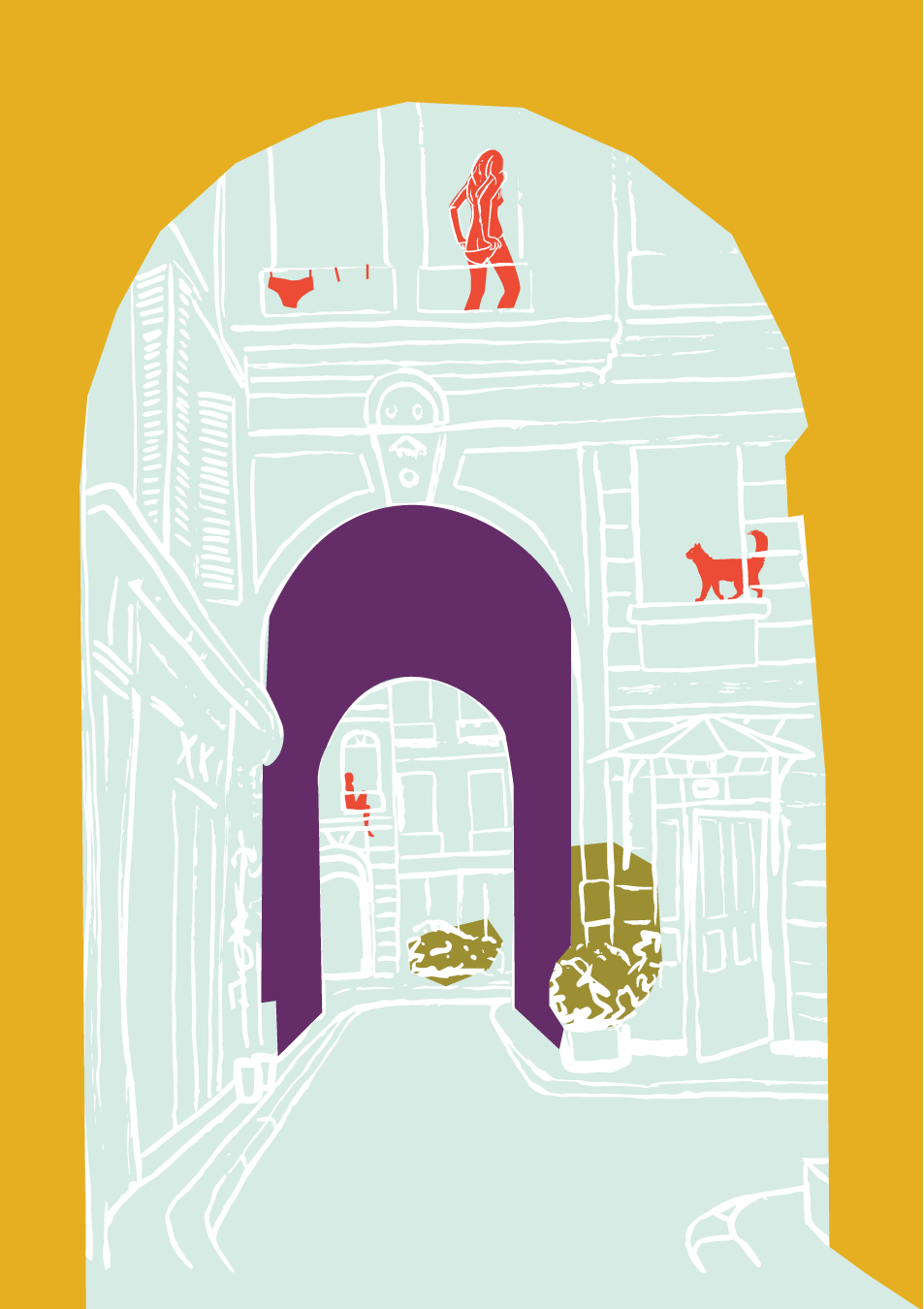 What We See - I love to see what goes on in hidden courtyards and behind closed doors. Spotting small treasures and hints of other people’s lives can be the highlight of my day. I have highlighted these details with a dab of colour, so you won’t miss