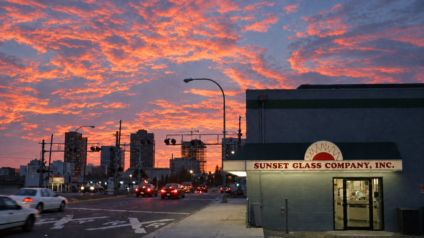 Historic Sunset Glass Company storefront on 8th Street in Bellevue with the former Bellevue skyline at sunset.