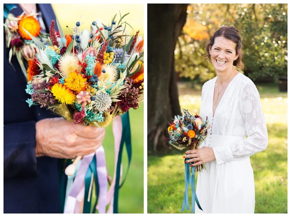bride has blue ribbon attached to bouquet for something blue wedding tradition