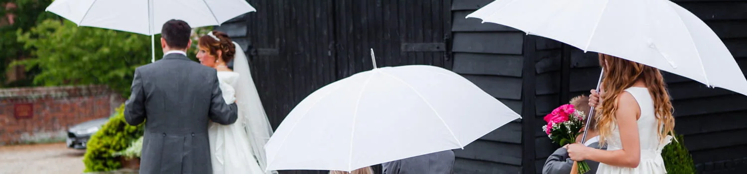 Bridal party walking outside with white umbrellas.