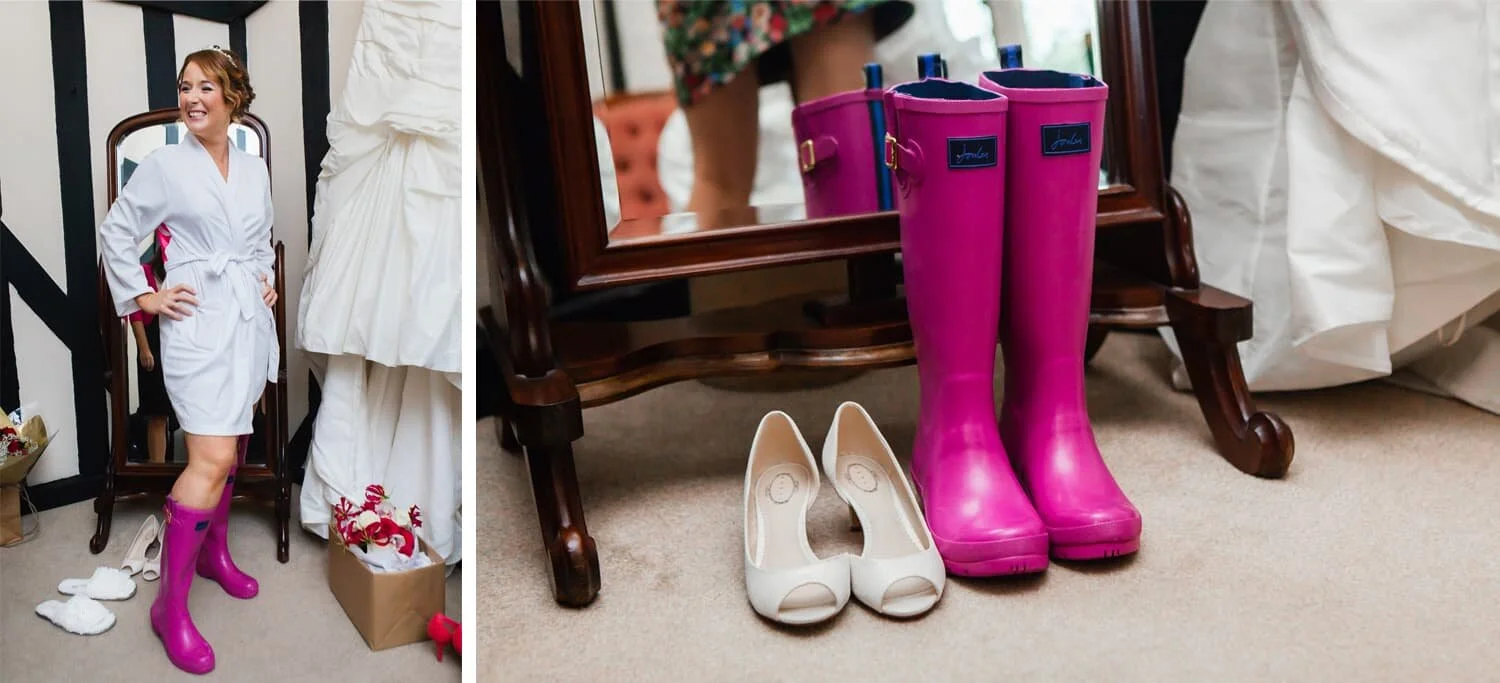 Bride wearing bright pink wellies in preparation for rain on her wedding day.