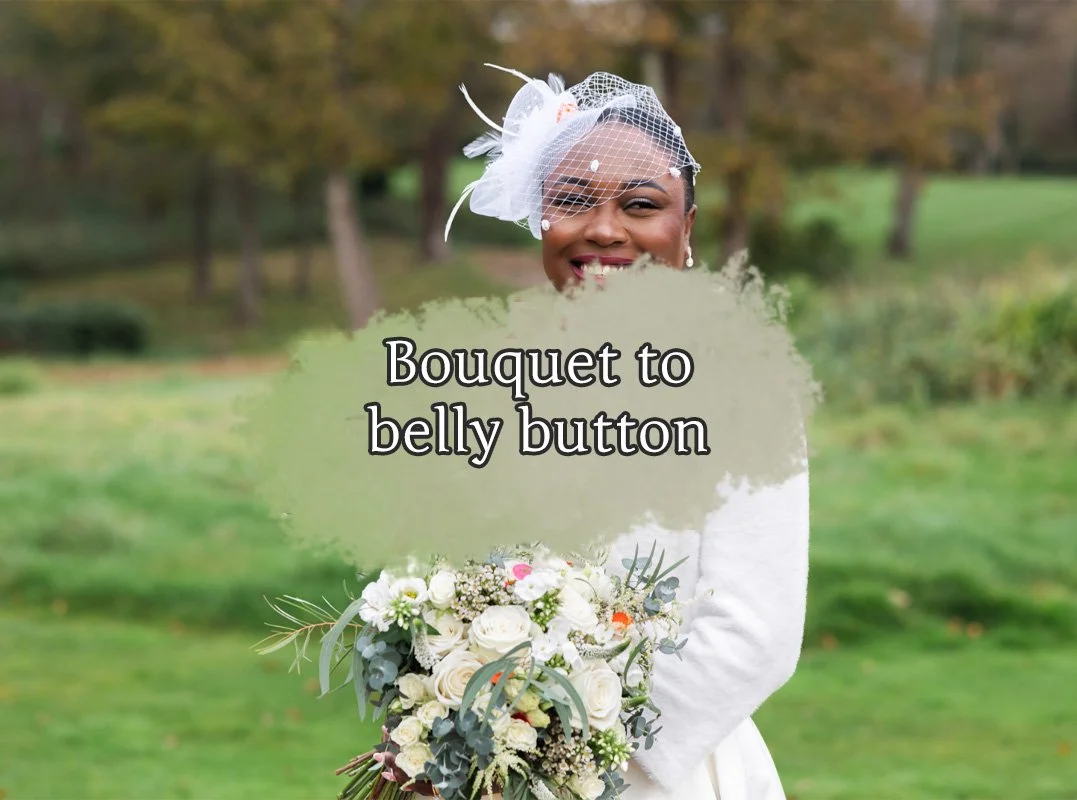 It&rsquo;s natural to lift your bouquet up and hide your face when you&rsquo;re feeling nervous, but holding it a little lower works wonders in photos.

Belly-button height keeps your face visible, your arms slightly bent, and shows off the full bouq