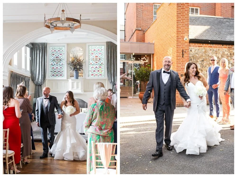couple walking out of wedding ceremony and through confetti