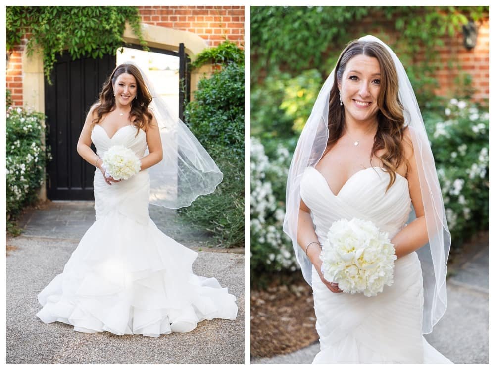 two portraits of the beautiful bride with her white bouquet