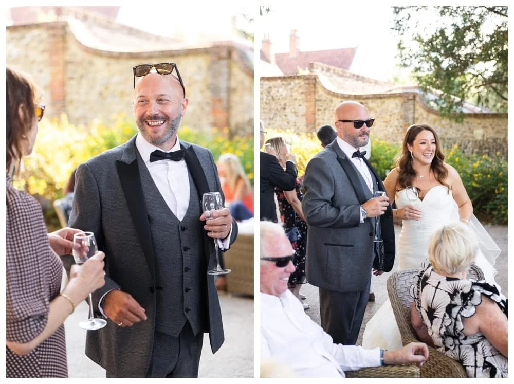 two natural photos of wedding couple talking with their guests