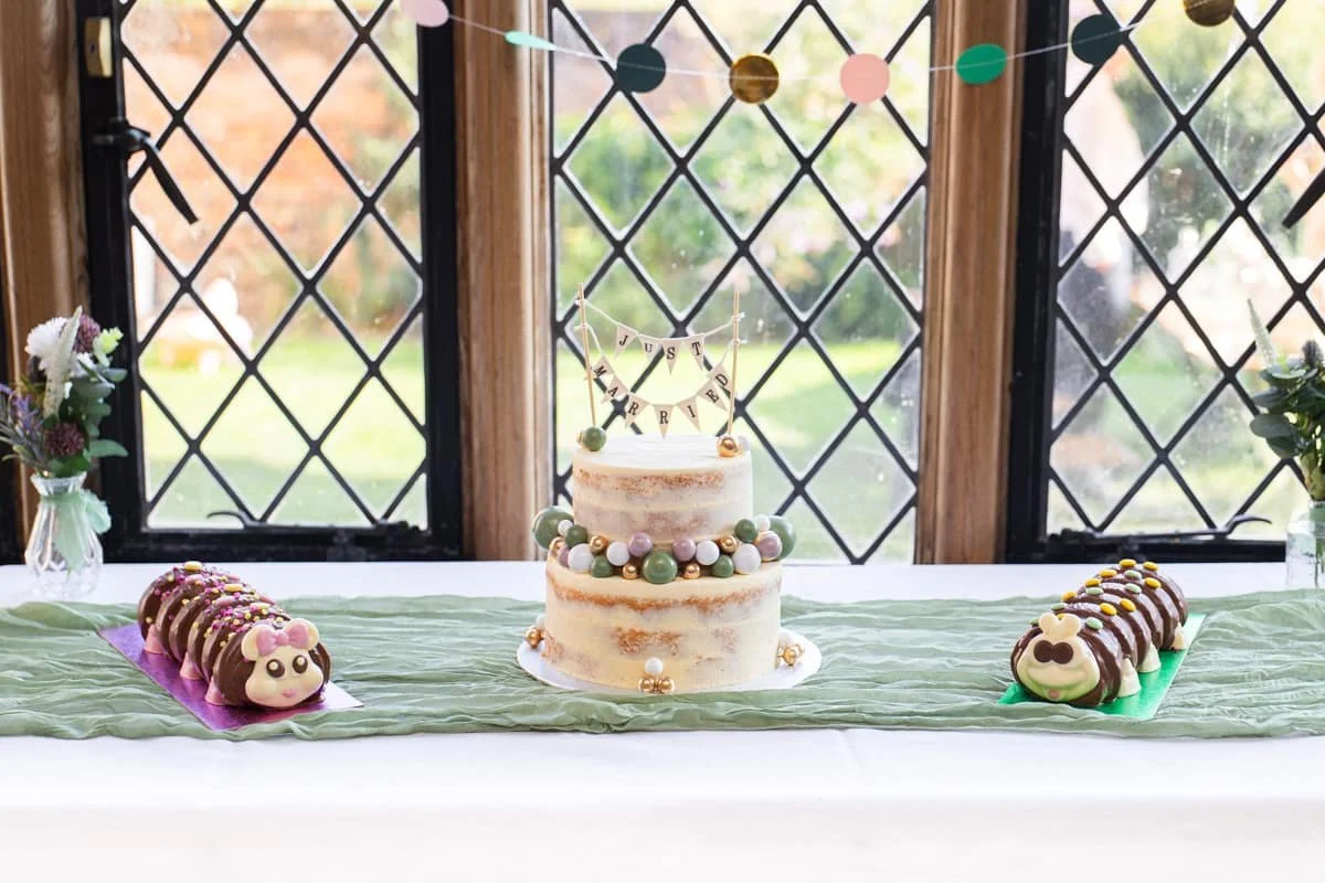 two tier wedding cake with two caterpillar cakes either side
