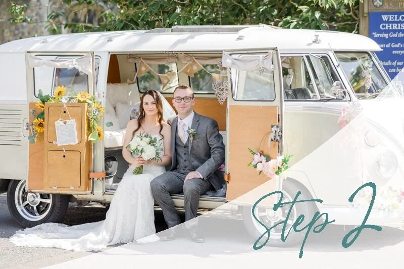 bride and groom sitting in VW bus for Colchester wedding