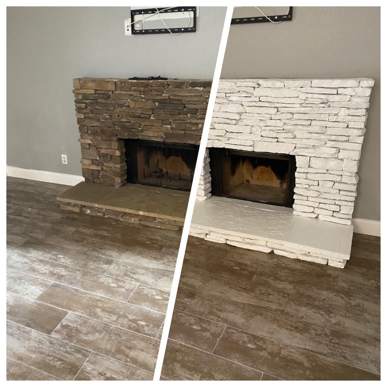   This stone fireplace looks bright, clean, and new after resurfacing.   