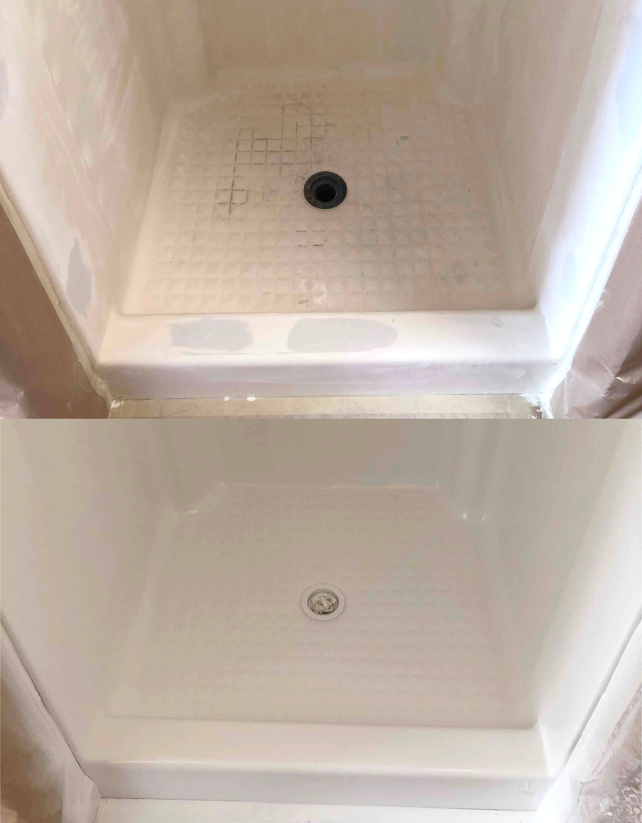   Removing old doors from a shower often leaves screw holes and gouges. After we repair these and resurface you can’t tell there was any damage at all.  
