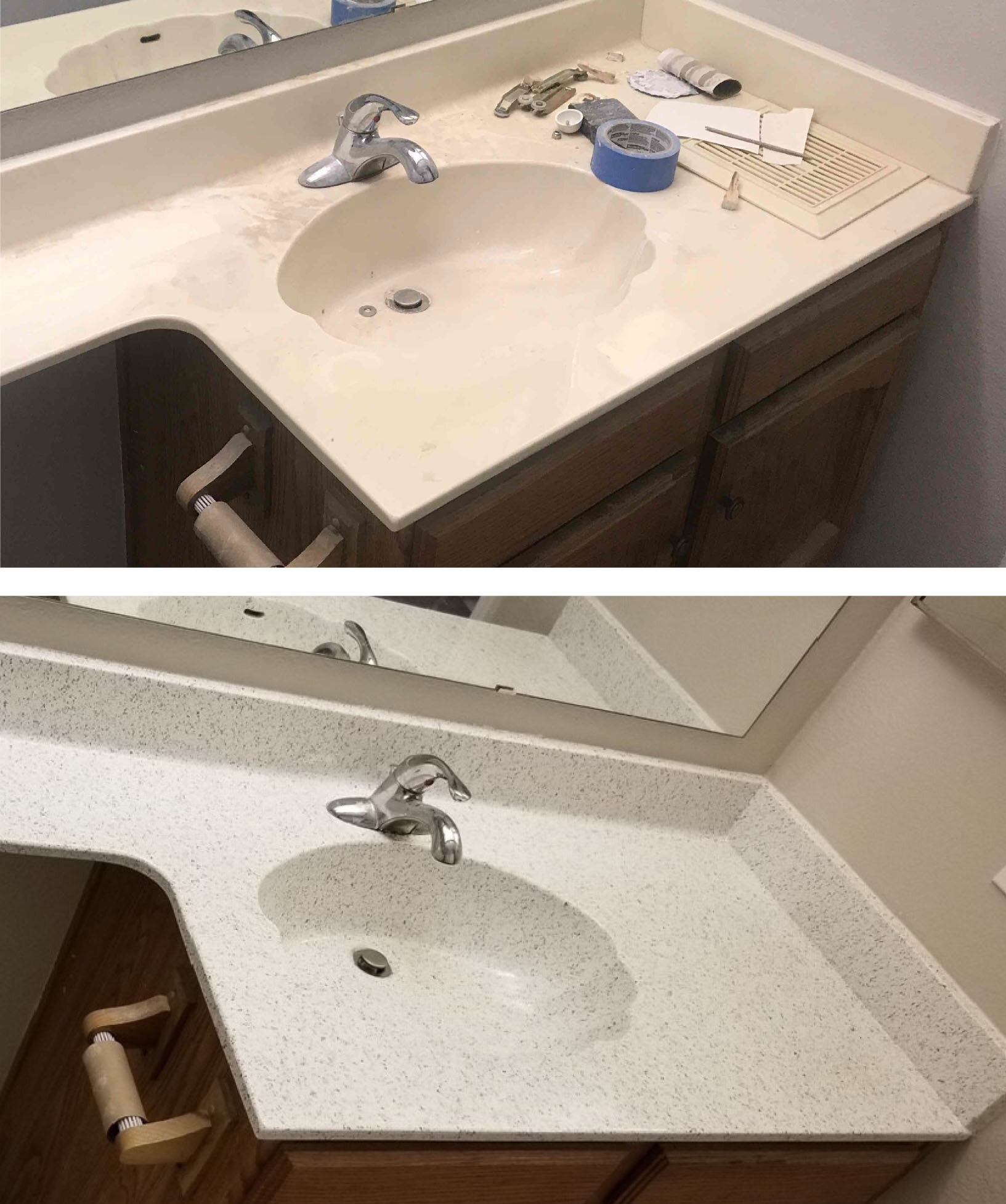  This White Vein Stonefleck gives this outdated bathroom countertop a much more neutral clean feel.  