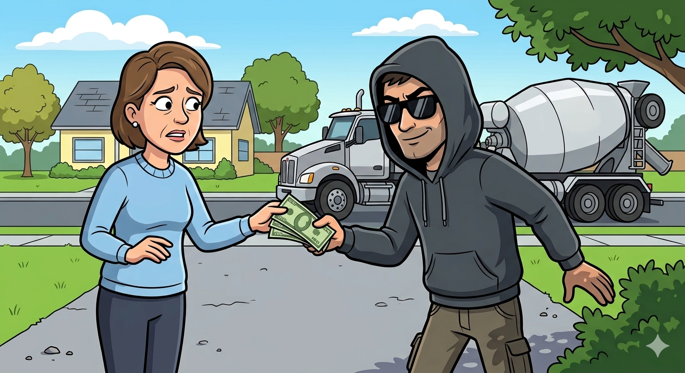 Cartoon image of a shady contractor taking money from a homeowner with a concrete truck in the background