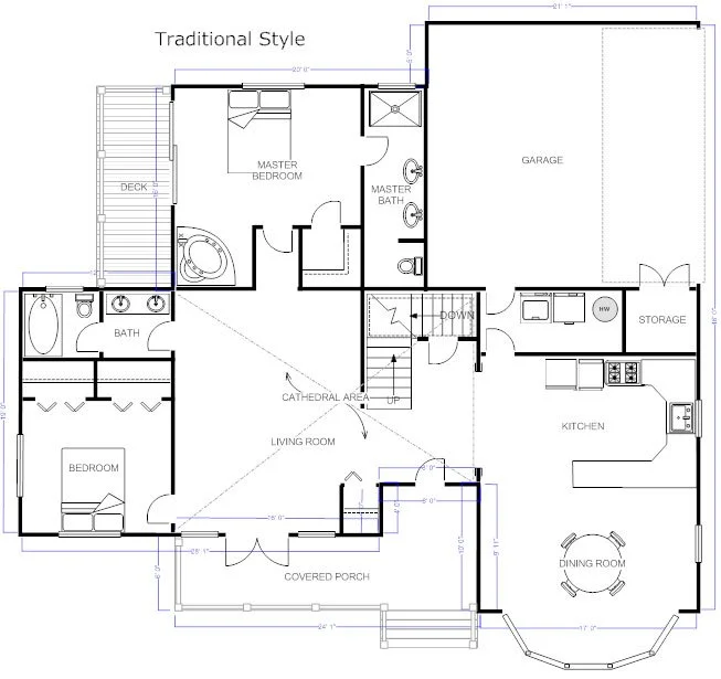 Blueprint of a house floor plan showing a living room, kitchen, dining room, two bedrooms, two bathrooms, a garage, storage, covered porch, deck, and a staircase.