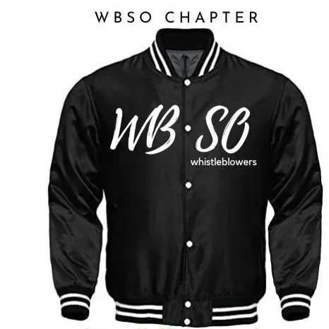 Black varsity jacket with white striped collar and cuffs, displaying 'WB:SC' and 'whistleblowers' on the front, and 'WBSC CHAPTER' on the back.