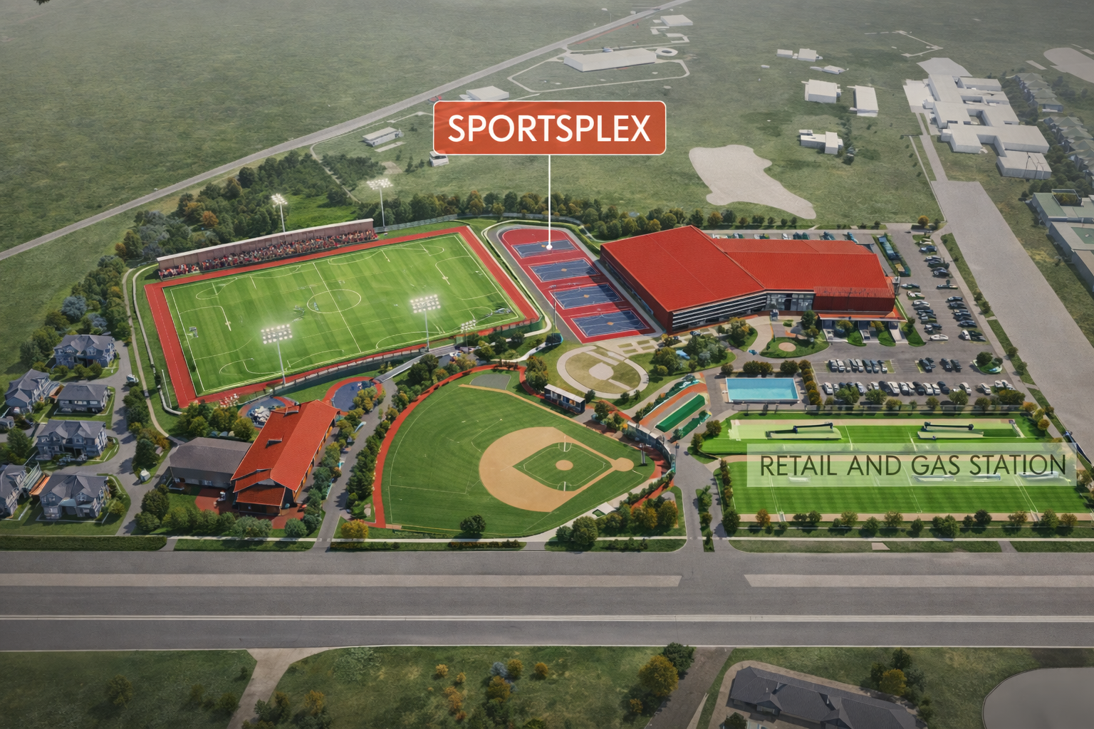 A detailed layout of a sports complex includes a soccer field with bright green grass, a basketball court, a tennis court, a baseball field, and a large red-roofed building. The complex also features a retail and gas station area, parking lots, and surrounding residential neighborhoods.