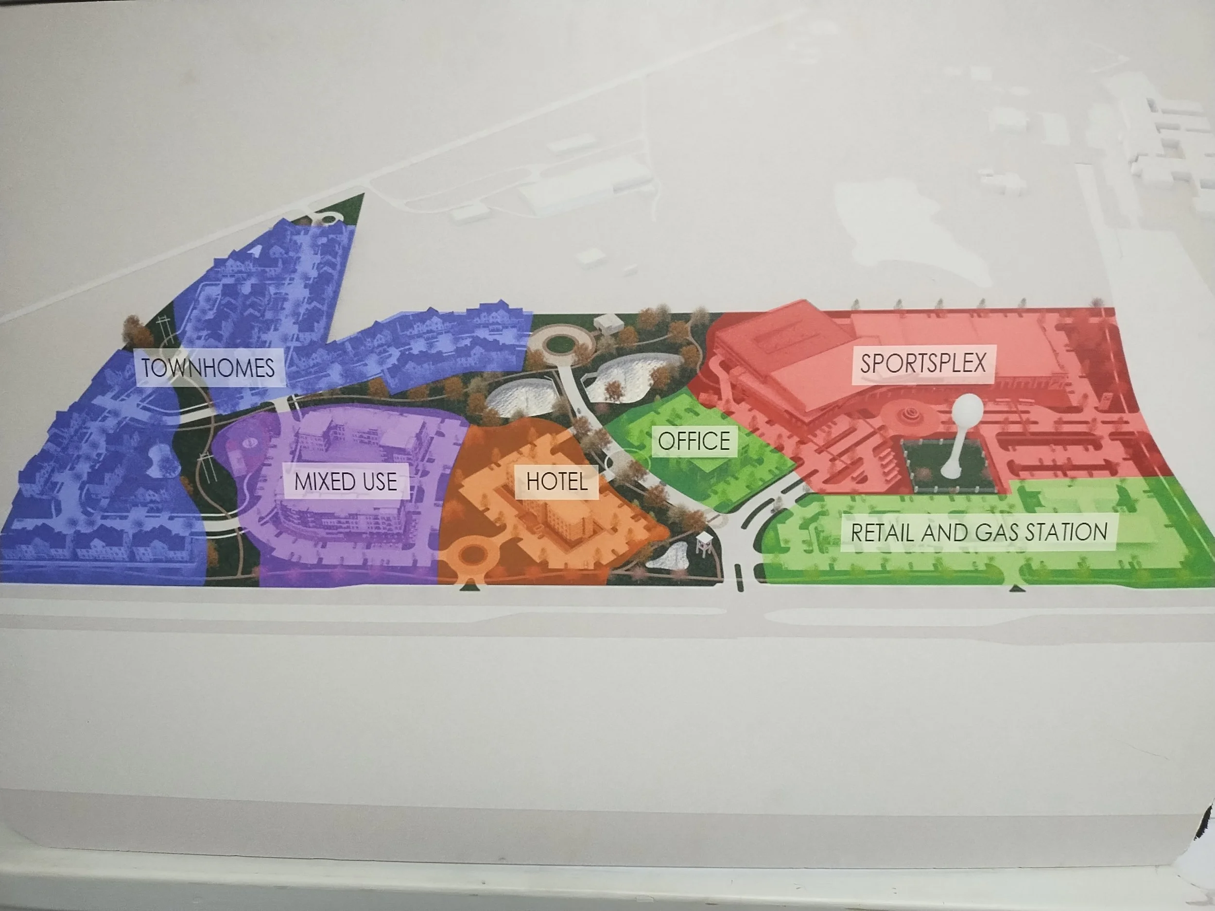 Color-coded site plan showing areas labeled as townhomes, mixed use, hotel, office, sportsplex, retail and gas station.