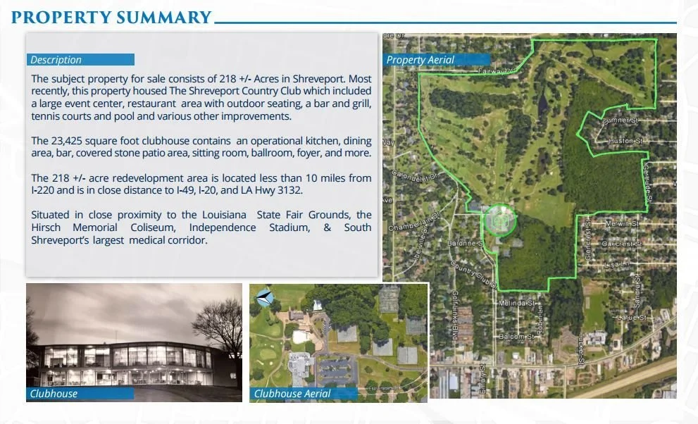 Property summary page showing a map of a large property outlined in green, with nearby streets labeled. The page includes sections describing the property, its features, and nearby landmarks, along with two aerial images of a clubhouse and its layout.
