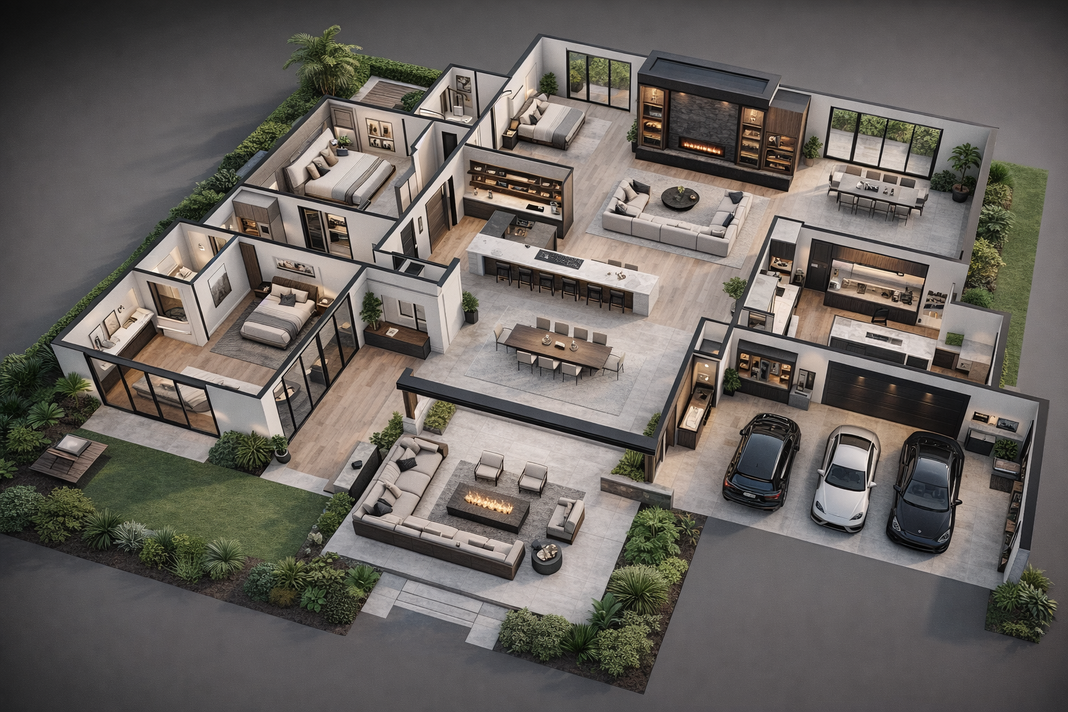 A modern, spacious house with multiple bedrooms, a large living room with a fireplace, a dining area, a kitchen with an island, a game room, outdoor seating area, and a three-car garage, all surrounded by manicured lawn and landscaping.